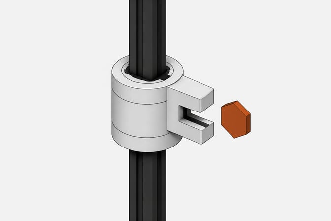A single cylindrical commit node on a vertical spine, with a hexagonal locator tag detached and hovering just outside its lateral mounting slot.
