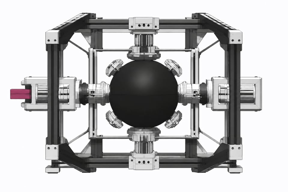 A smooth, opaque spherical module suspended within an intricately detailed, open mechanical chassis representing an AI execution harness.