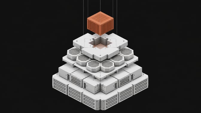 A geometric, layered stack of unlabelled technical components representing a modular database architecture, with a new component block sliding into the top tier.