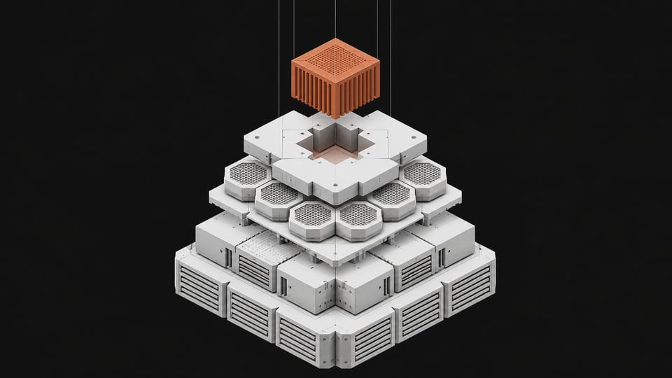 A geometric, layered stack of unlabelled technical components representing a modular database architecture, with a new component block sliding into the top tier.