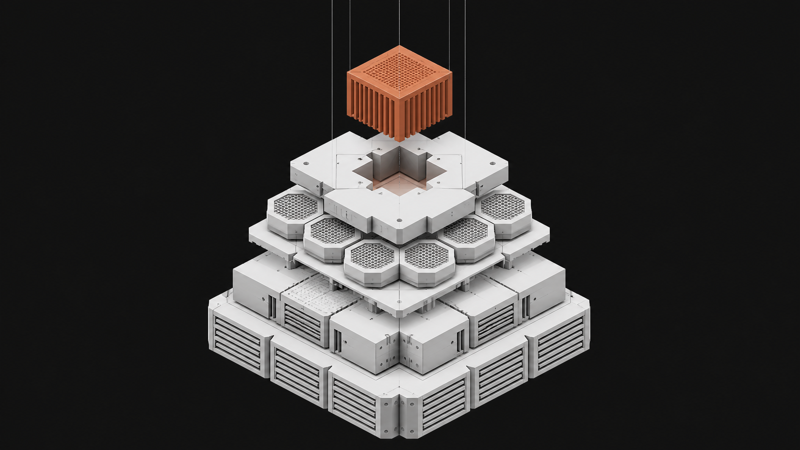 A geometric, layered stack of unlabelled technical components representing a modular database architecture, with a new component block sliding into the top tier.