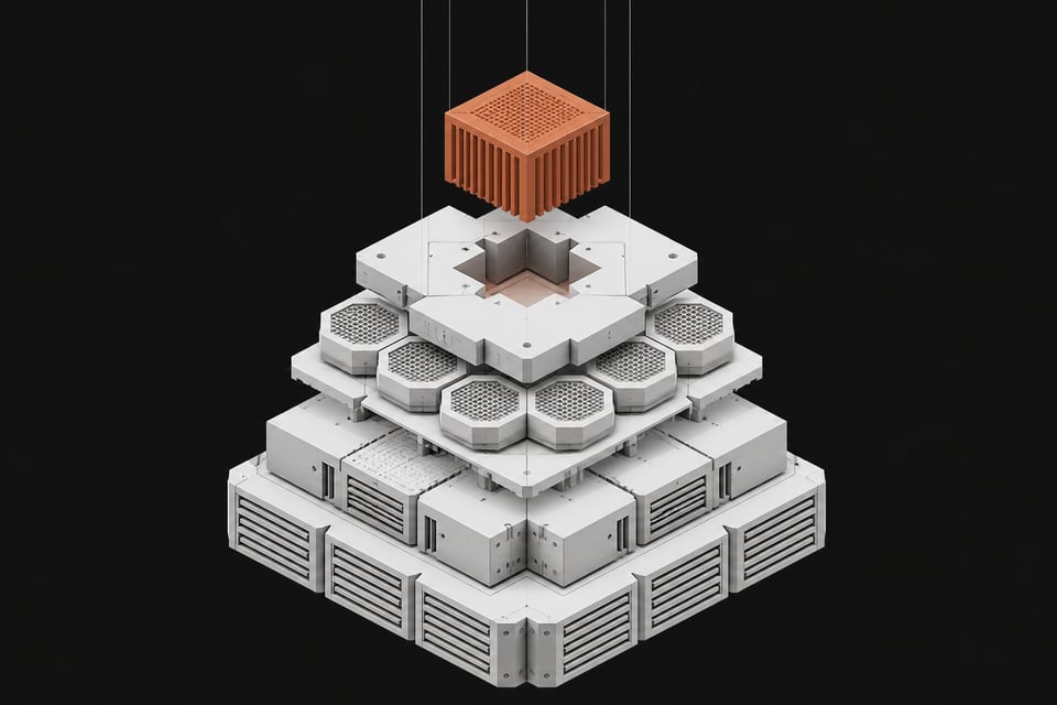 A geometric, layered stack of unlabelled technical components representing a modular database architecture, with a new component block sliding into the top tier.