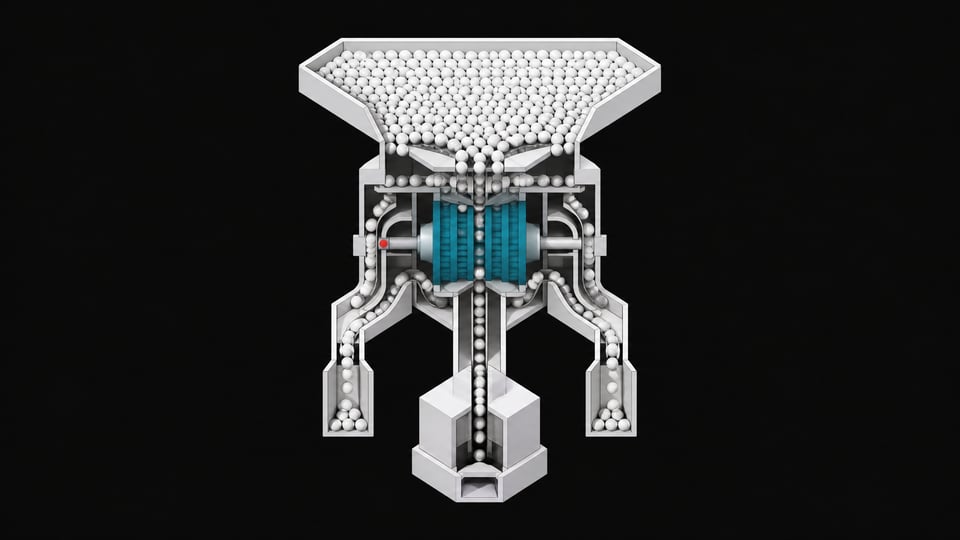 A cutaway view of a mechanical intake manifold using architectural baffles and rotary valves to filter a massive volume of unmarked spheres into a single, regulated sequence, representing an API rate-limiting gateway.