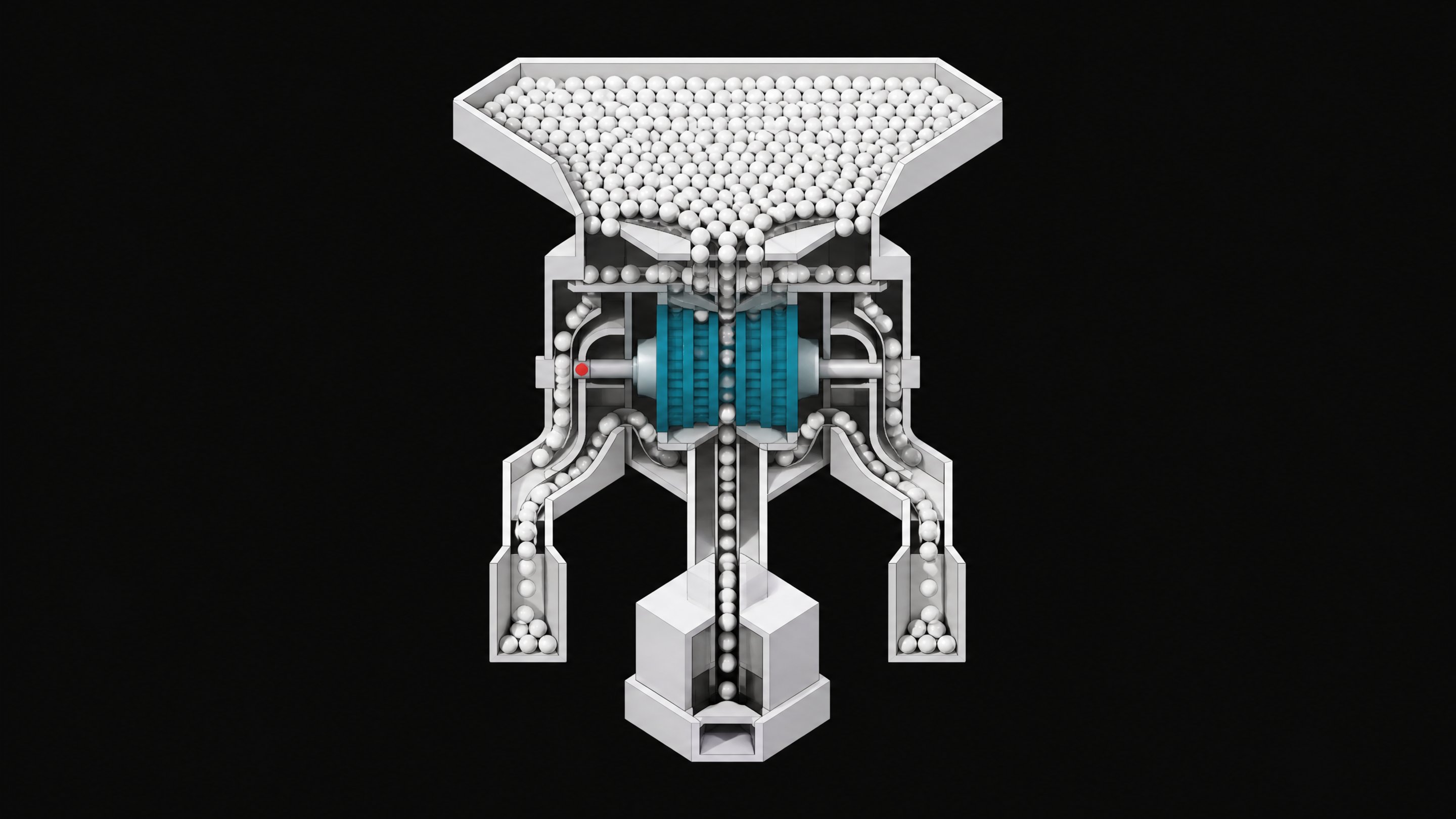 A cutaway view of a mechanical intake manifold using architectural baffles and rotary valves to filter a massive volume of unmarked spheres into a single, regulated sequence, representing an API rate-limiting gateway.