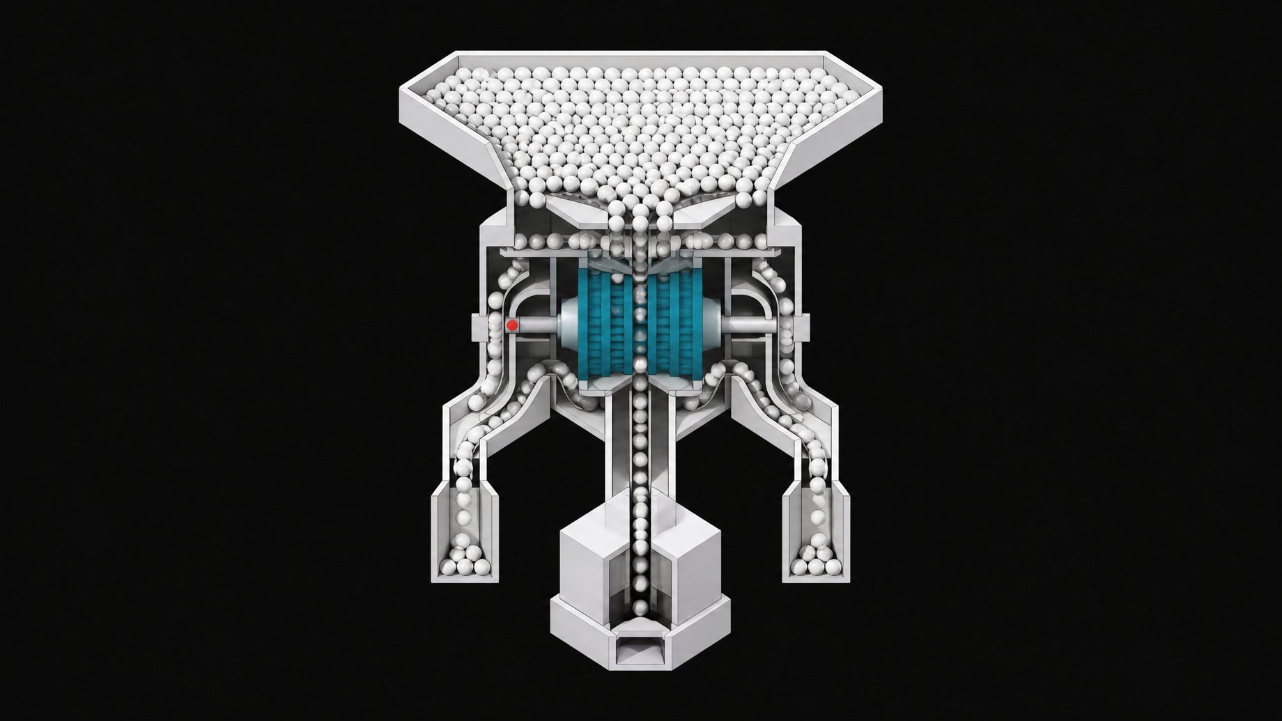 A cutaway view of a mechanical intake manifold using architectural baffles and rotary valves to filter a massive volume of unmarked spheres into a single, regulated sequence, representing an API rate-limiting gateway.