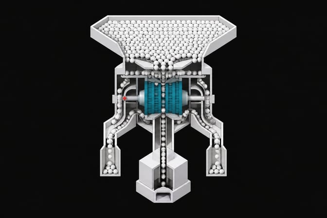 A cutaway view of a mechanical intake manifold using architectural baffles and rotary valves to filter a massive volume of unmarked spheres into a single, regulated sequence, representing an API rate-limiting gateway.