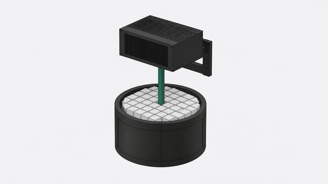 A single rectangular hardware unit structurally connected to a wide cylindrical bin filled with cubic data blocks, representing a software binary using object storage as its universal backend.