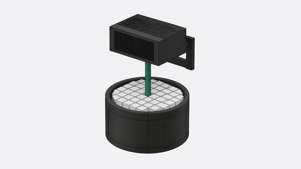 A single rectangular hardware unit structurally connected to a wide cylindrical bin filled with cubic data blocks, representing a software binary using object storage as its universal backend.