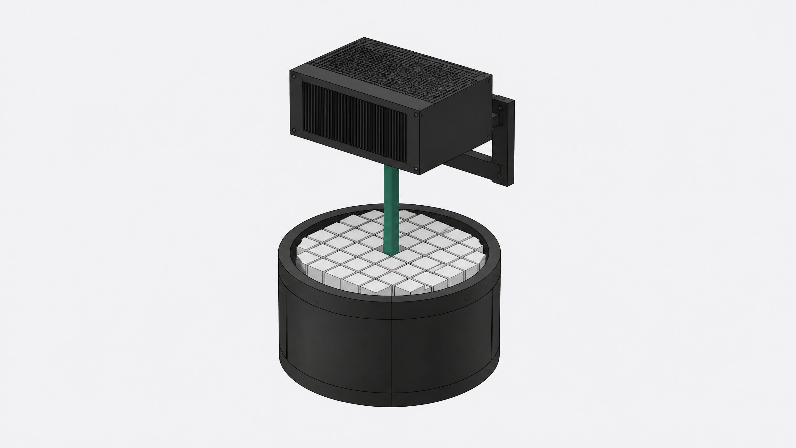 A single rectangular hardware unit structurally connected to a wide cylindrical bin filled with cubic data blocks, representing a software binary using object storage as its universal backend.
