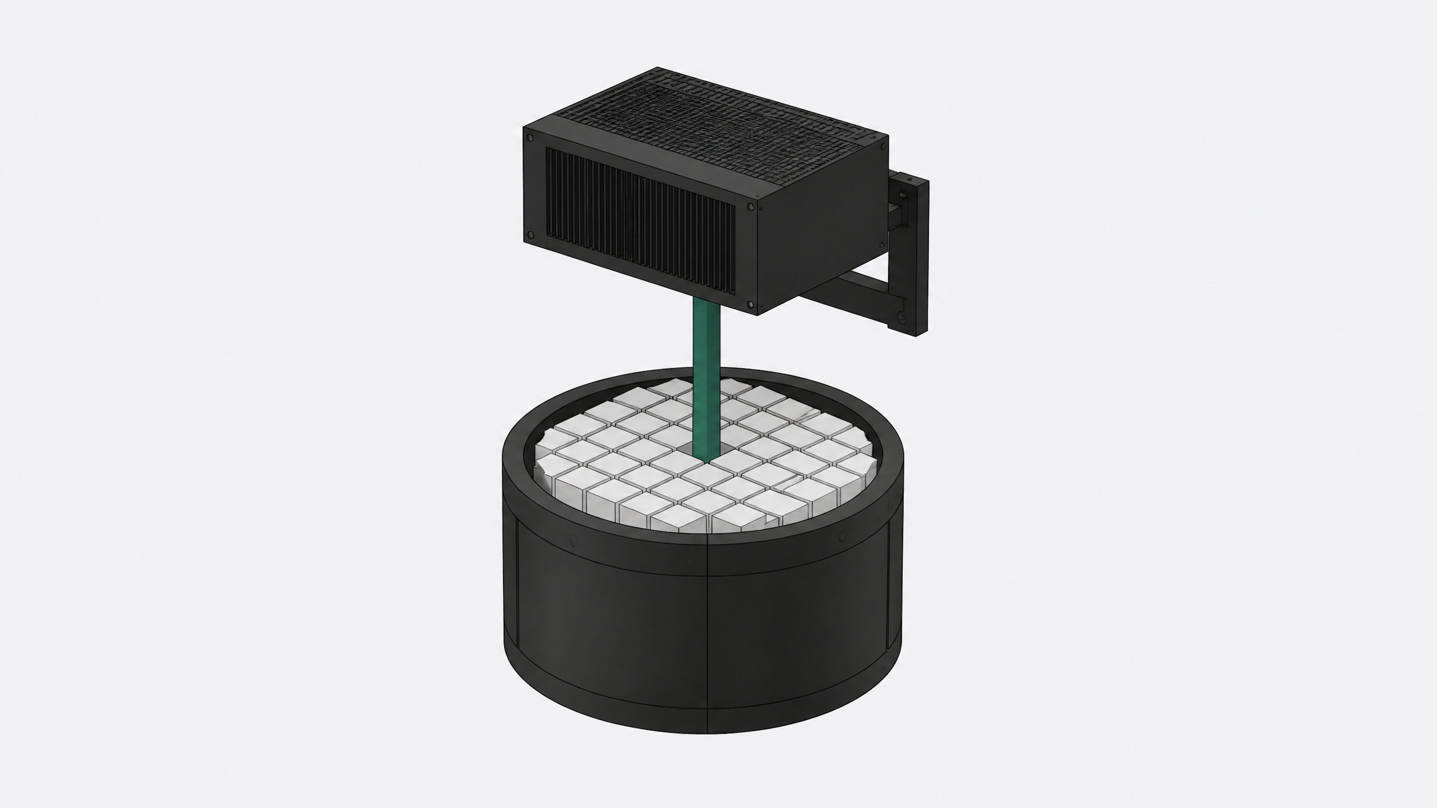 A single rectangular hardware unit structurally connected to a wide cylindrical bin filled with cubic data blocks, representing a software binary using object storage as its universal backend.