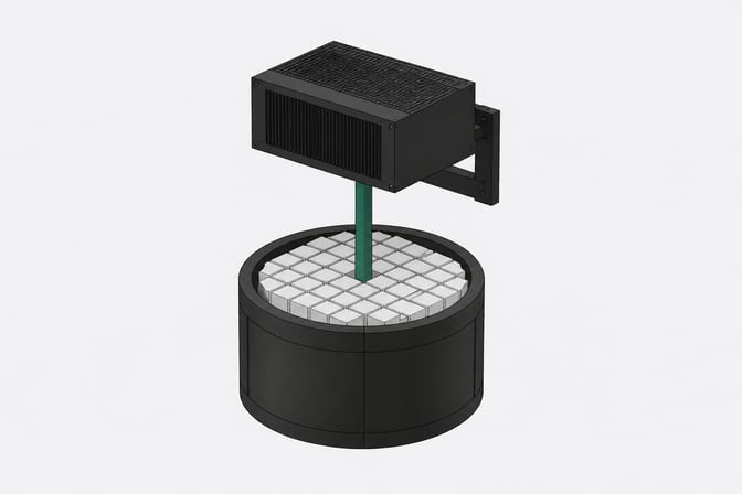 A single rectangular hardware unit structurally connected to a wide cylindrical bin filled with cubic data blocks, representing a software binary using object storage as its universal backend.