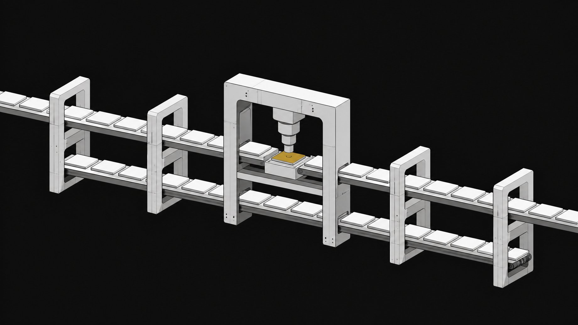 A sequence of unlabelled rectangular plates passing through an automated structural scanning archway, representing a targeted code review pipeline and acceptance gate.