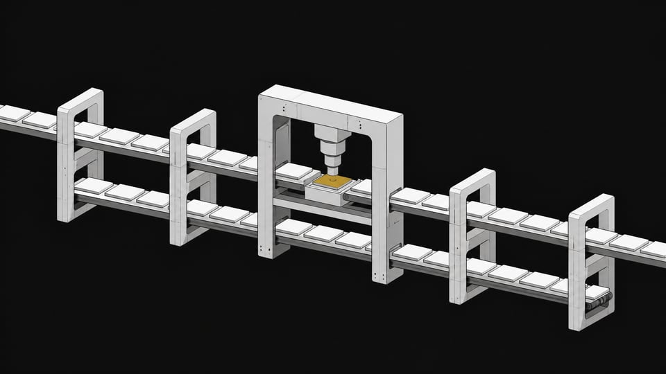 A sequence of unlabelled rectangular plates passing through an automated structural scanning archway, representing a targeted code review pipeline and acceptance gate.