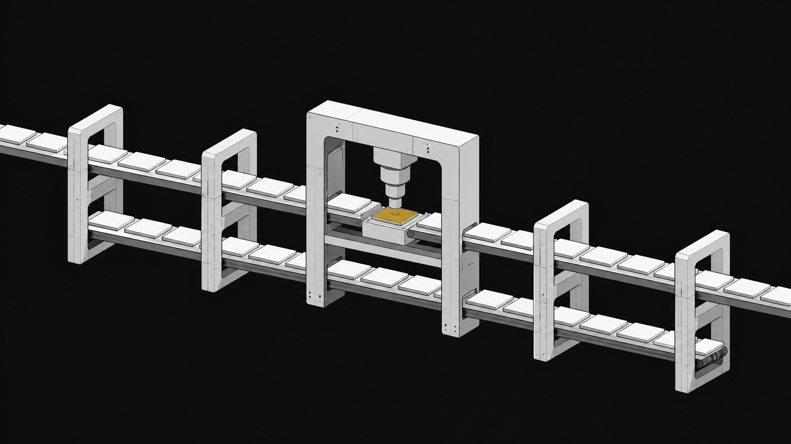 A sequence of unlabelled rectangular plates passing through an automated structural scanning archway, representing a targeted code review pipeline and acceptance gate.