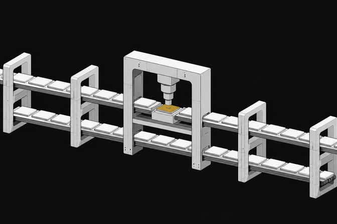 A sequence of unlabelled rectangular plates passing through an automated structural scanning archway, representing a targeted code review pipeline and acceptance gate.