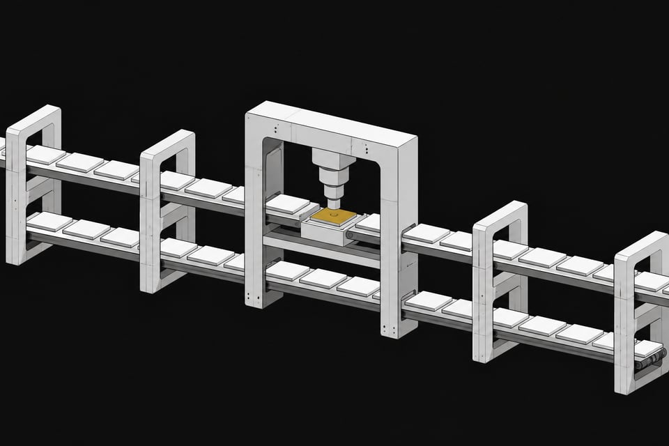 A sequence of unlabelled rectangular plates passing through an automated structural scanning archway, representing a targeted code review pipeline and acceptance gate.