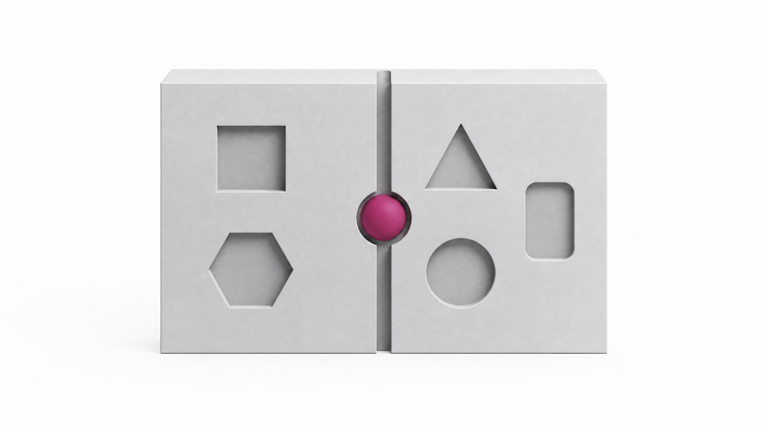 A solid, unified rectangular block featuring five geometric recesses and a single central core, visualizing a consolidated single-binary application stack.