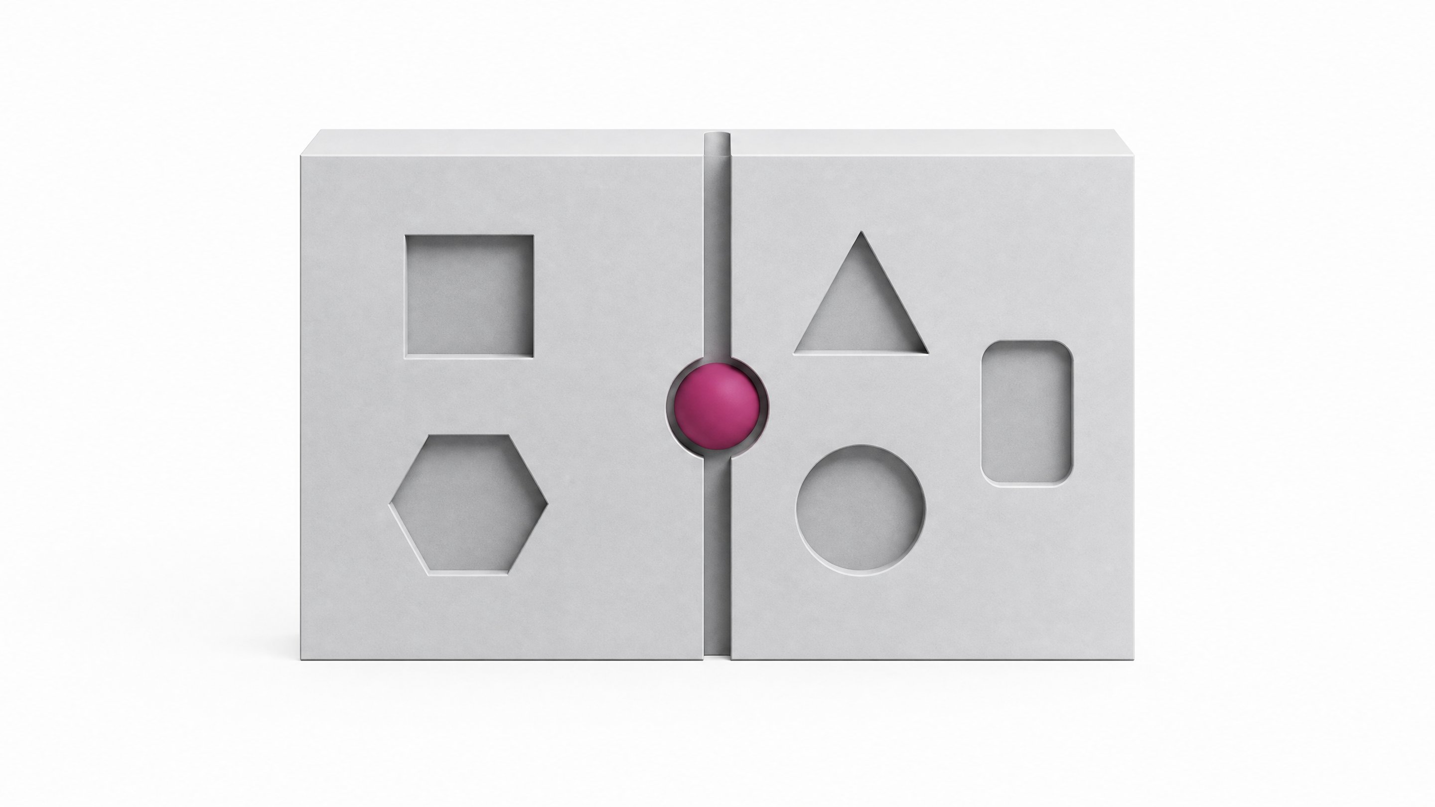 A solid, unified rectangular block featuring five geometric recesses and a single central core, visualizing a consolidated single-binary application stack.