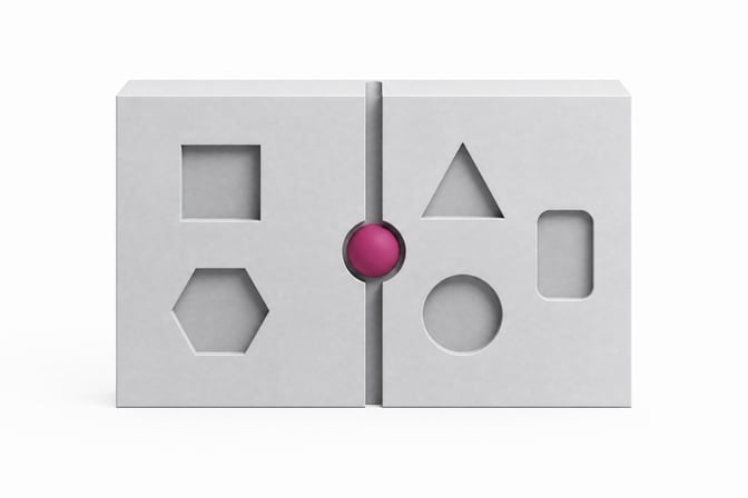 A solid, unified rectangular block featuring five geometric recesses and a single central core, visualizing a consolidated single-binary application stack.