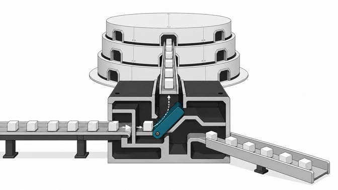 A mechanical filtration block routing and sorting blank cuboid tokens before they enter a cylindrical storage manifold, representing a database access proxy for automated agents.