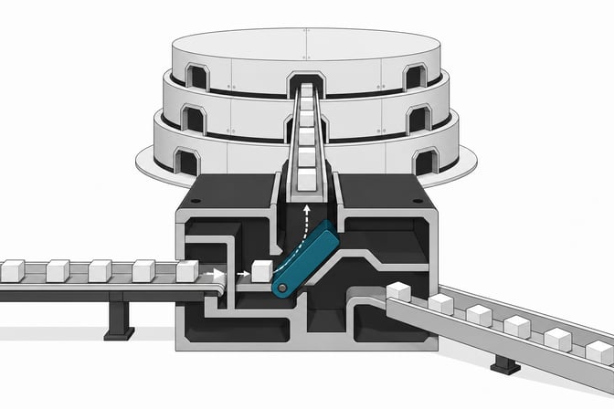 A mechanical filtration block routing and sorting blank cuboid tokens before they enter a cylindrical storage manifold, representing a database access proxy for automated agents.