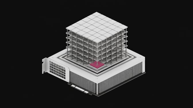 A dense, multi-layered grid representing a large AI model tightly packed into the physical housing of a single consumer desktop compute card.