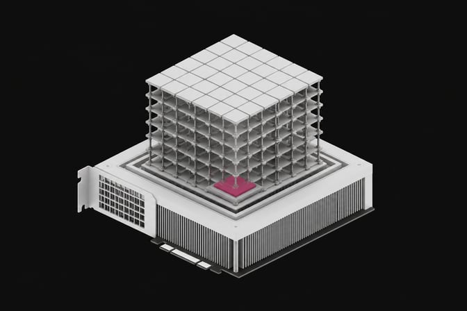 A dense, multi-layered grid representing a large AI model tightly packed into the physical housing of a single consumer desktop compute card.