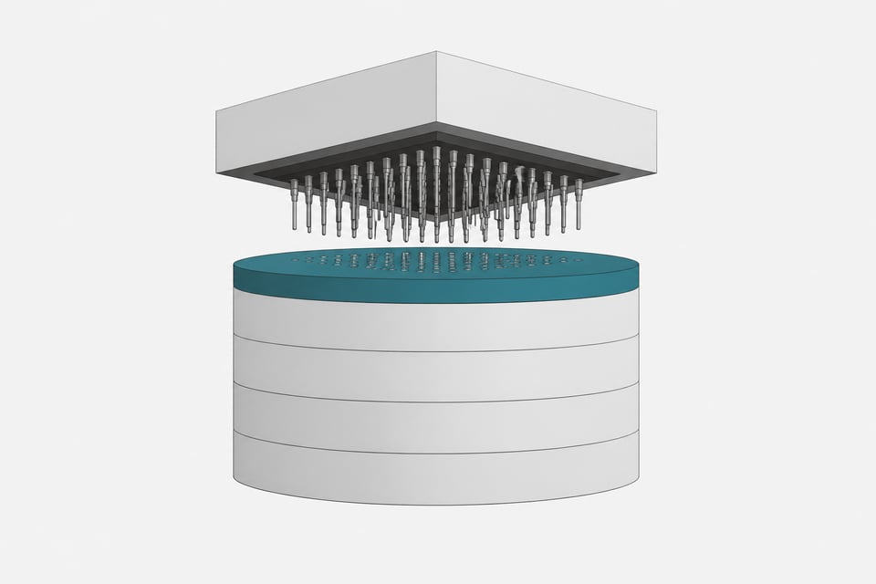 A thick, segmented cylindrical module where a thin, connected top slice sits above a large disconnected lower mass, representing a SaaS billing breakdown.