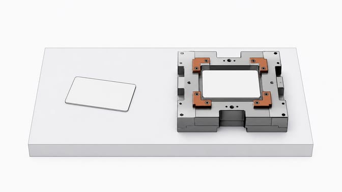 A minimalist setup comparing a loose, unattached flat token on a smooth surface alongside an identical token firmly locked into a heavily machined structural chassis, illustrating plain-text instructions versus rigid code enforcement.