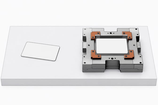 A minimalist setup comparing a loose, unattached flat token on a smooth surface alongside an identical token firmly locked into a heavily machined structural chassis, illustrating plain-text instructions versus rigid code enforcement.