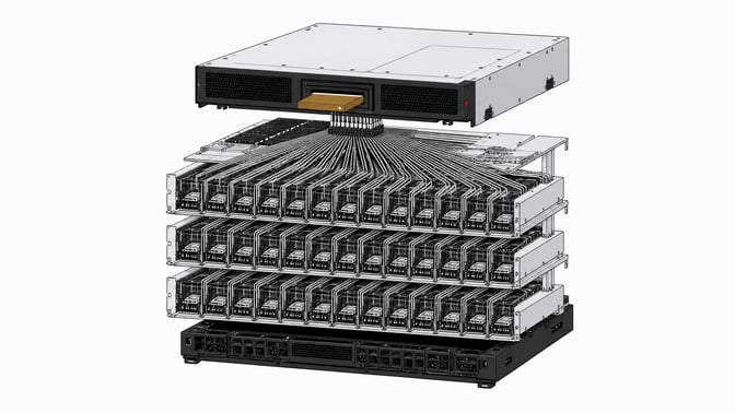 An exploded hardware view of a centralized computing terminal routing a single input into a massive parallel array of automated AI agent processing bays.