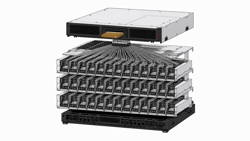 An exploded hardware view of a centralized computing terminal routing a single input into a massive parallel array of automated AI agent processing bays.