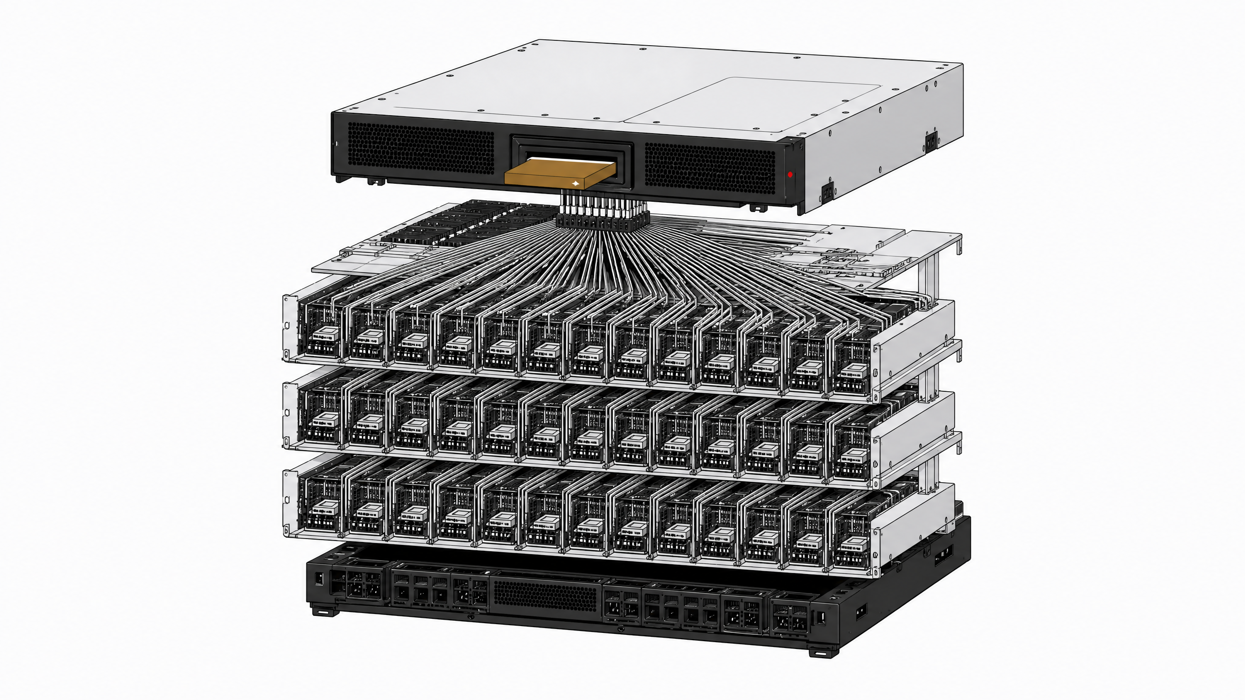 An exploded hardware view of a centralized computing terminal routing a single input into a massive parallel array of automated AI agent processing bays.