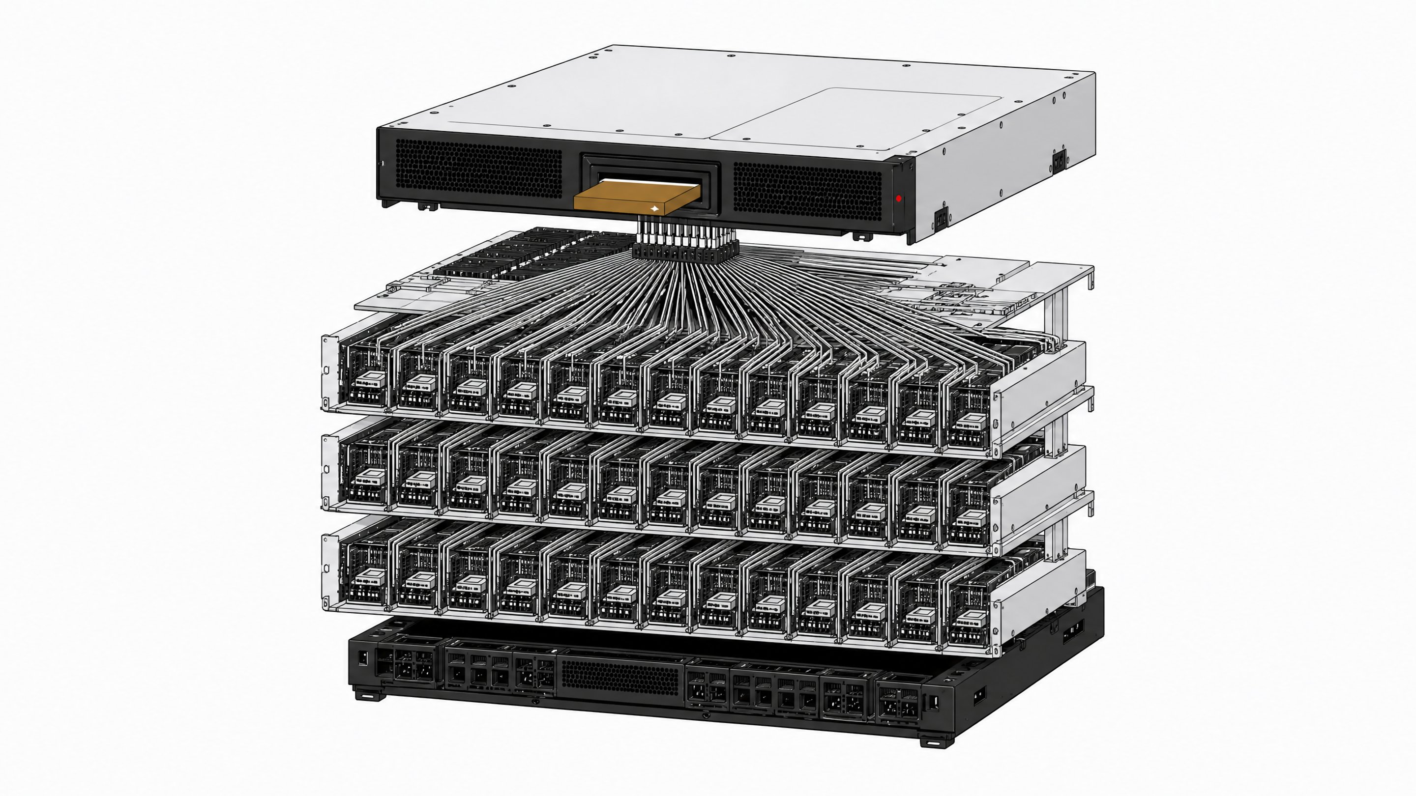 An exploded hardware view of a centralized computing terminal routing a single input into a massive parallel array of automated AI agent processing bays.