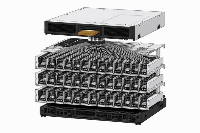 An exploded hardware view of a centralized computing terminal routing a single input into a massive parallel array of automated AI agent processing bays.