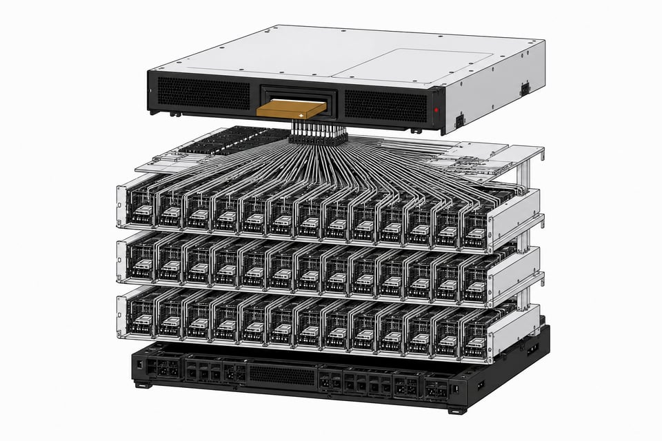An exploded hardware view of a centralized computing terminal routing a single input into a massive parallel array of automated AI agent processing bays.