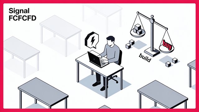 Minimal ink-and-crimson illustration of a single figure at a control desk directing multiple glowing terminal screens, symbolizing one developer managing systems that once required a team