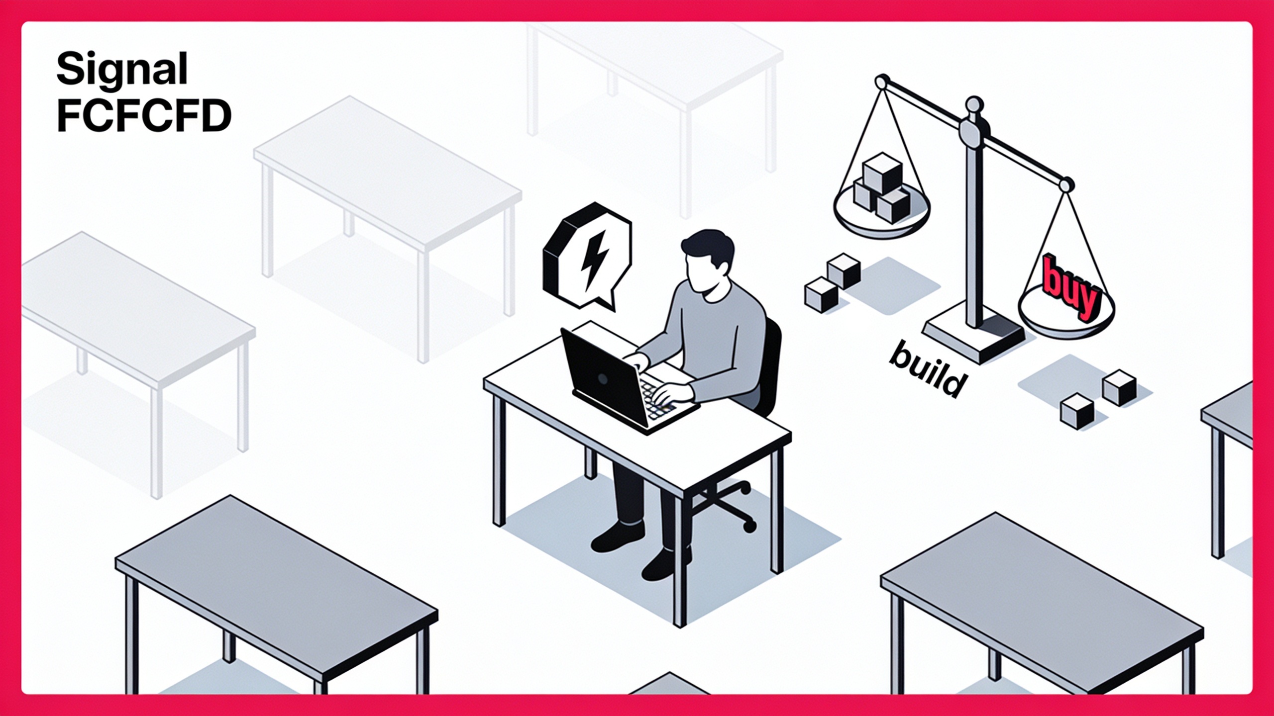 Minimal ink-and-crimson illustration of a single figure at a control desk directing multiple glowing terminal screens, symbolizing one developer managing systems that once required a team