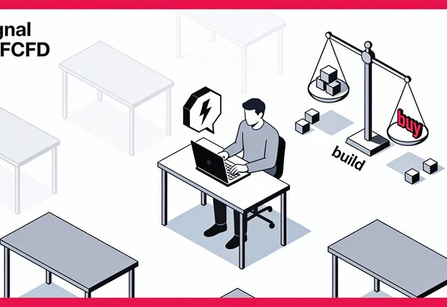 Minimal ink-and-crimson illustration of a single figure at a control desk directing multiple glowing terminal screens, symbolizing one developer managing systems that once required a team