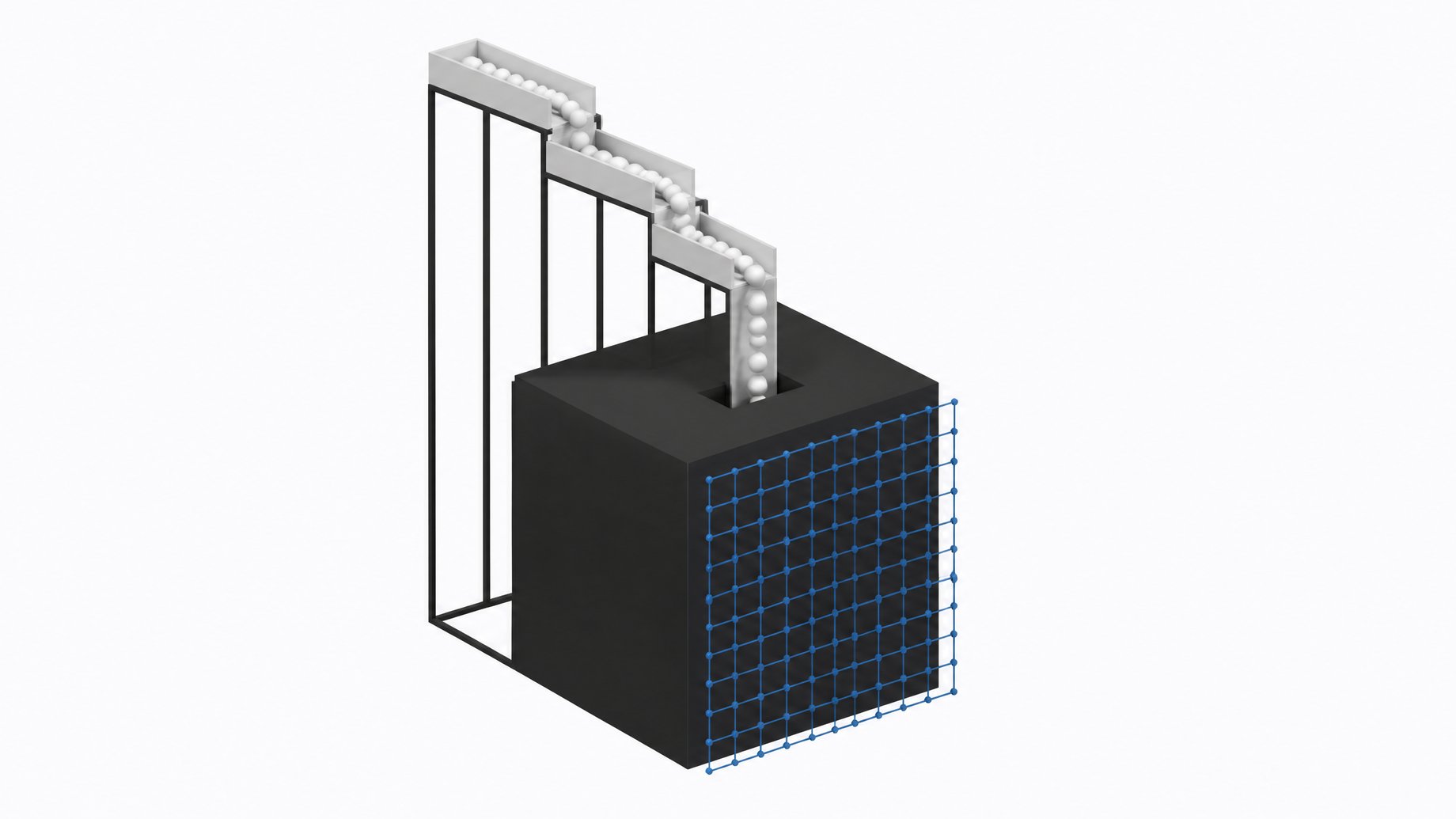 A minimal architectural rendering showing dropping token chutes funneling into a massive base cubic block, while a razor-thin framework representing a SaaS wrapper sits detached on the surface.
