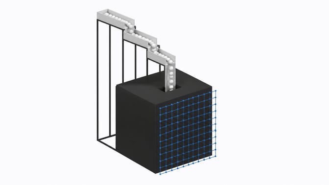 A minimal architectural rendering showing dropping token chutes funneling into a massive base cubic block, while a razor-thin framework representing a SaaS wrapper sits detached on the surface.
