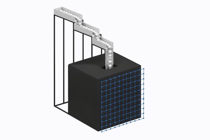 A minimal architectural rendering showing dropping token chutes funneling into a massive base cubic block, while a razor-thin framework representing a SaaS wrapper sits detached on the surface.