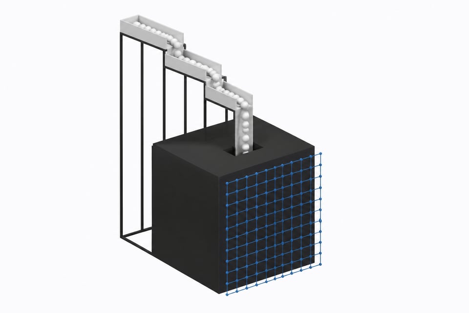 A minimal architectural rendering showing dropping token chutes funneling into a massive base cubic block, while a razor-thin framework representing a SaaS wrapper sits detached on the surface.