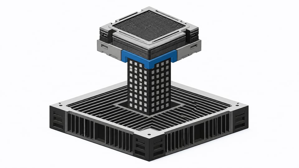 A stepped hardware stack where an upper computing module relies entirely on a single structural pillar rising from a foundational chassis, illustrating nested cloud infrastructure dependencies.