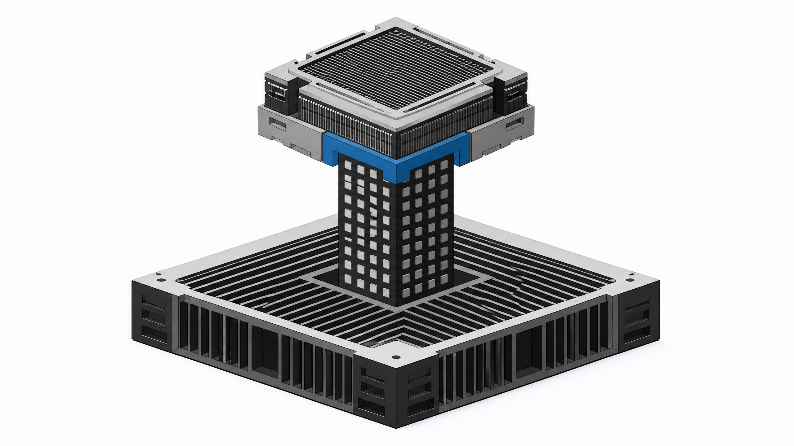 A stepped hardware stack where an upper computing module relies entirely on a single structural pillar rising from a foundational chassis, illustrating nested cloud infrastructure dependencies.
