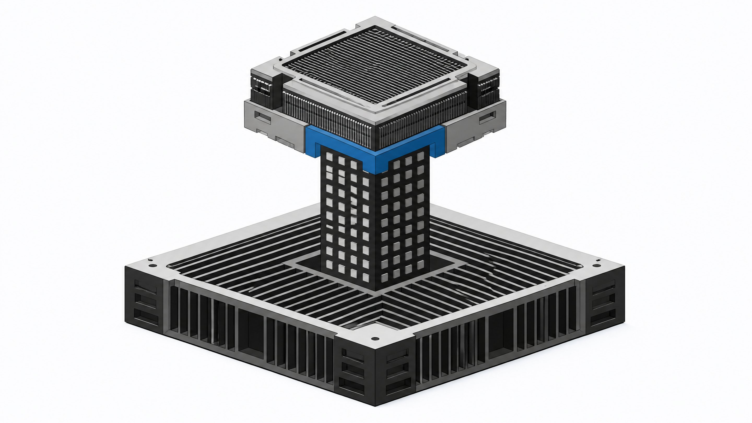 A stepped hardware stack where an upper computing module relies entirely on a single structural pillar rising from a foundational chassis, illustrating nested cloud infrastructure dependencies.