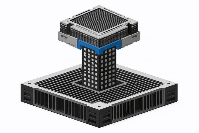 A stepped hardware stack where an upper computing module relies entirely on a single structural pillar rising from a foundational chassis, illustrating nested cloud infrastructure dependencies.