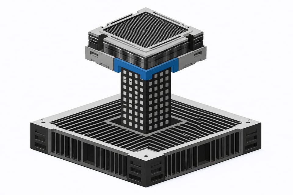 A stepped hardware stack where an upper computing module relies entirely on a single structural pillar rising from a foundational chassis, illustrating nested cloud infrastructure dependencies.