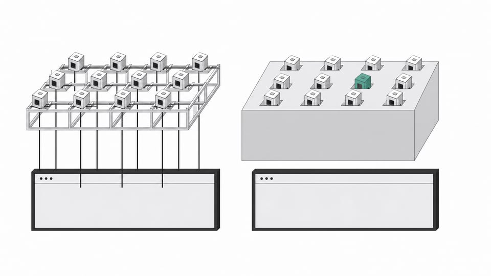 A structural comparison showing open plugin modules connecting directly to a window frame on the left, while identical modules on the right are blocked by a solid, opaque layer, representing the restricted browser extension architecture of Manifest V3.