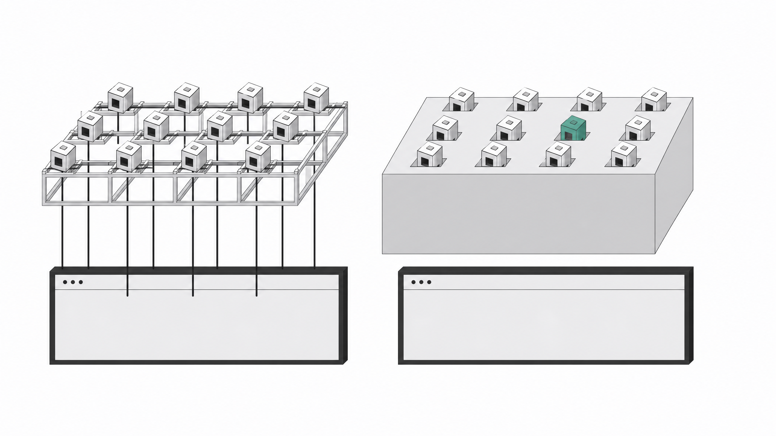 A structural comparison showing open plugin modules connecting directly to a window frame on the left, while identical modules on the right are blocked by a solid, opaque layer, representing the restricted browser extension architecture of Manifest V3.